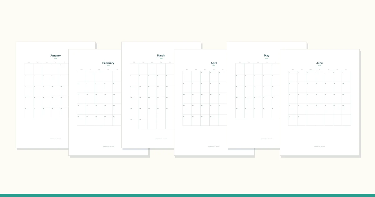 A printed monthly calendar grid with empty squares and two more sheets behind