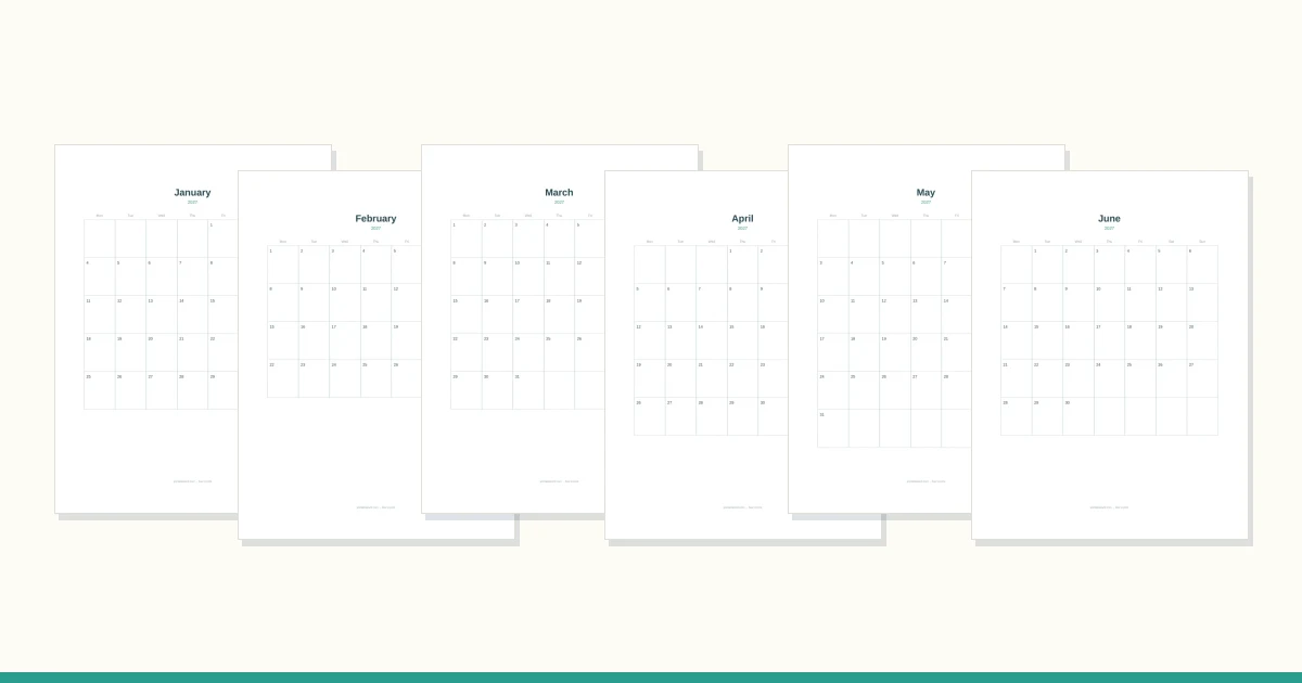 A printed monthly calendar sheet with a green header band and a small plant beside it