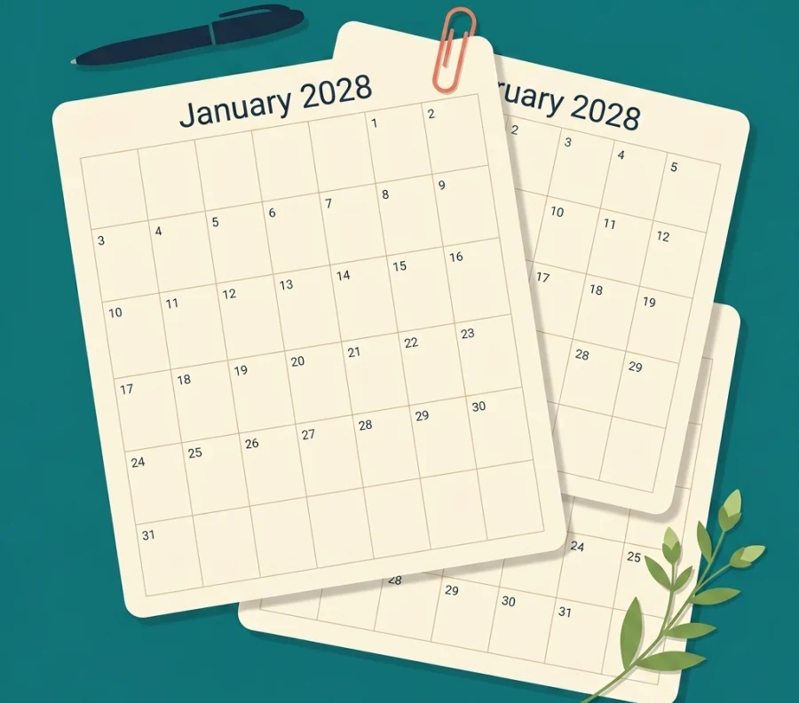 Overlapping cream 2028 monthly calendar pages on a pond teal desk with a pen, paper clip, and greenery.