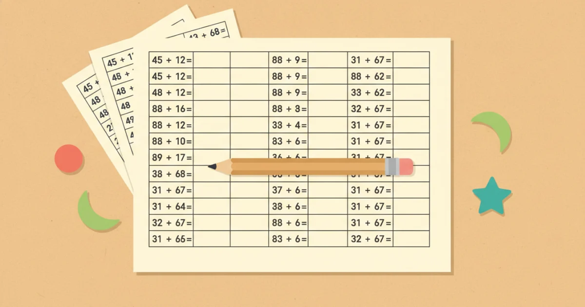 Printed addition worksheet with math problems, a pencil, and scattered paper shapes on a desk.