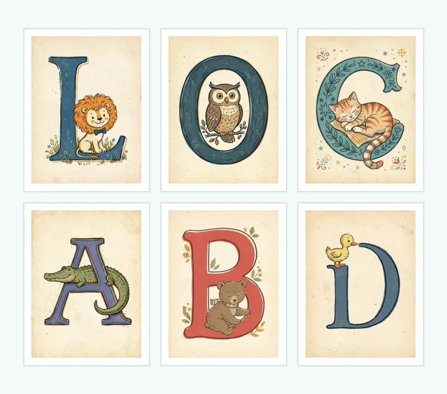 Six vintage-style alphabet prints with animals. L with lion, O with owl, G with cat, A with alligator, B with bear, D with duck.