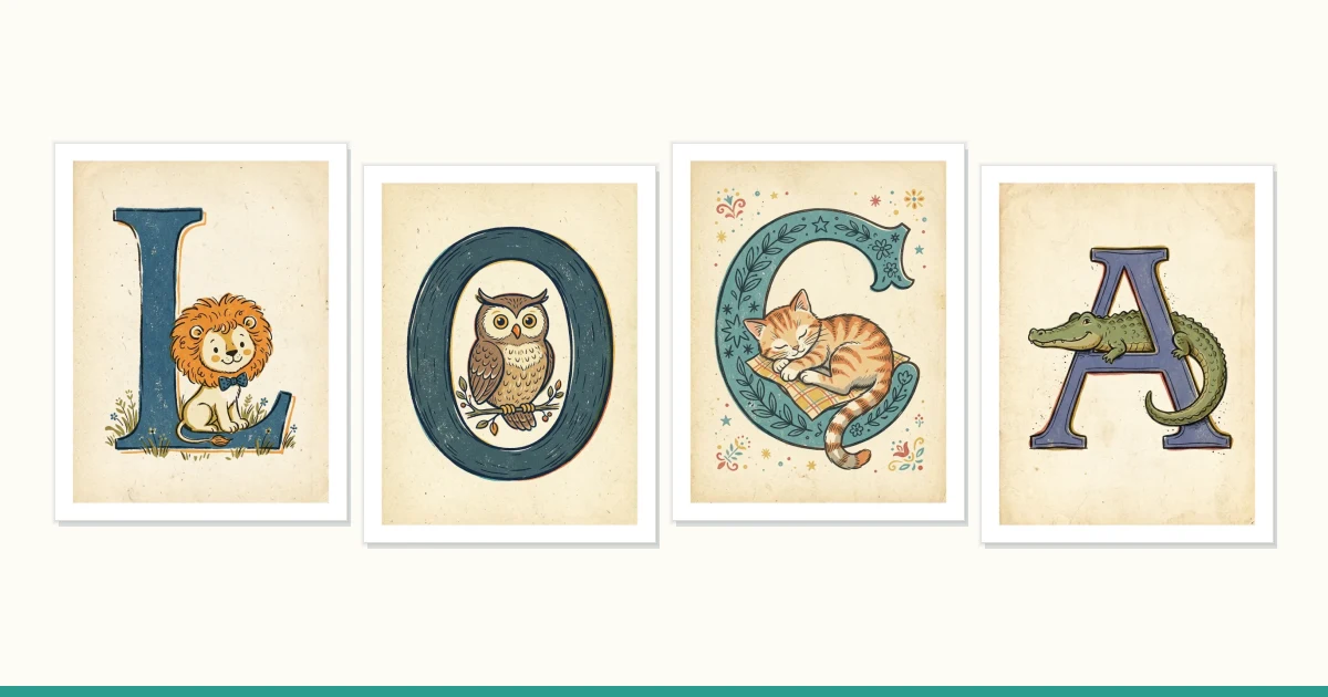Four framed alphabet prints featuring a lion on L, an owl on O, a cat on G, and an alligator on A.