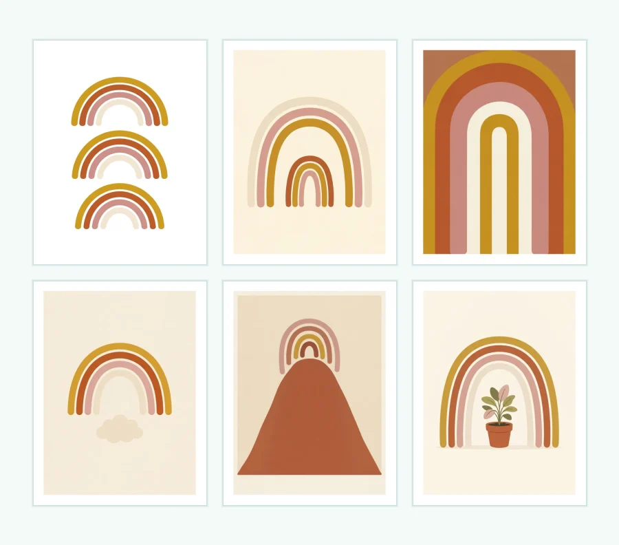Six minimalist boho rainbow prints in muted terracotta, mustard, and pink colors on cream backgrounds.