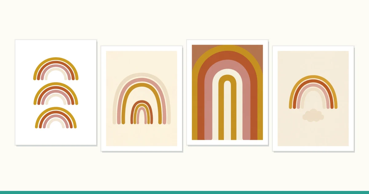 Four framed boho rainbow art prints with muted colors like mustard yellow, rust, and pink.
