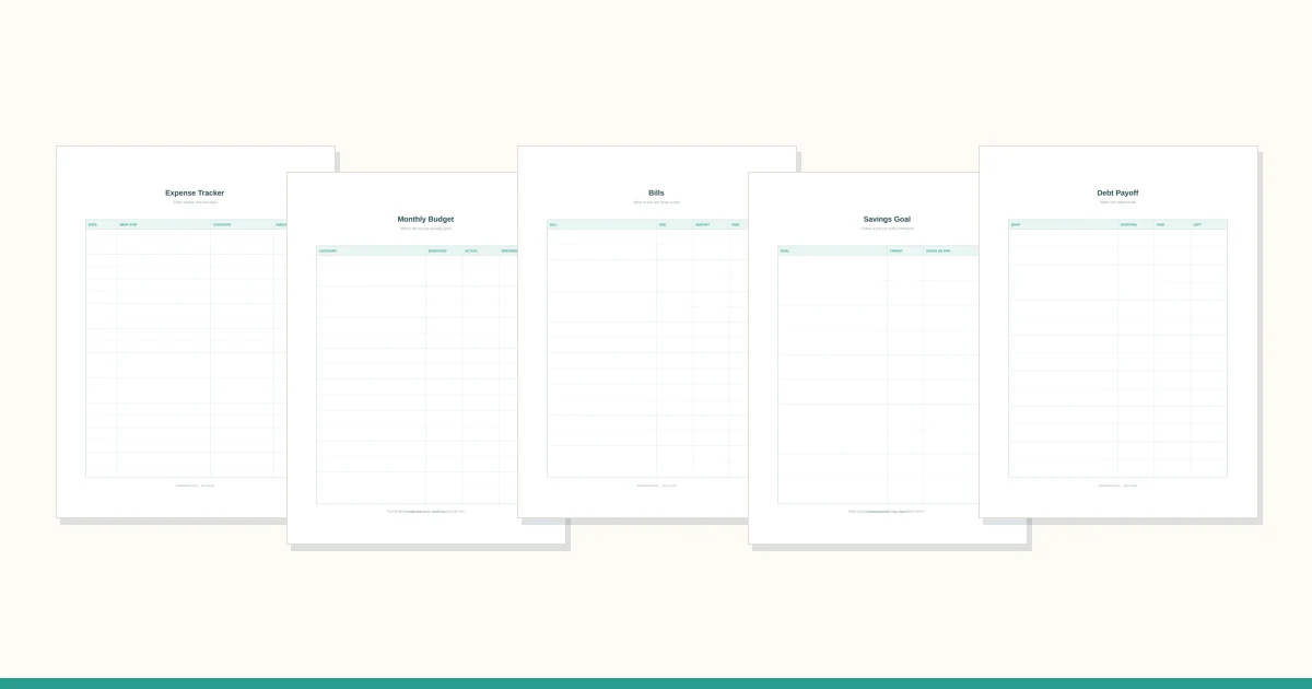A printed budget sheet with columns, a rising teal bar, coins and a pen