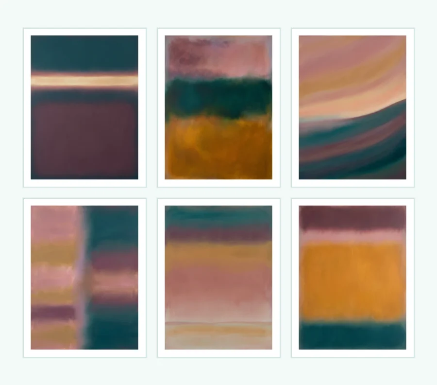 Six framed abstract color field art prints with soft edges in shades of purple, green, and gold.