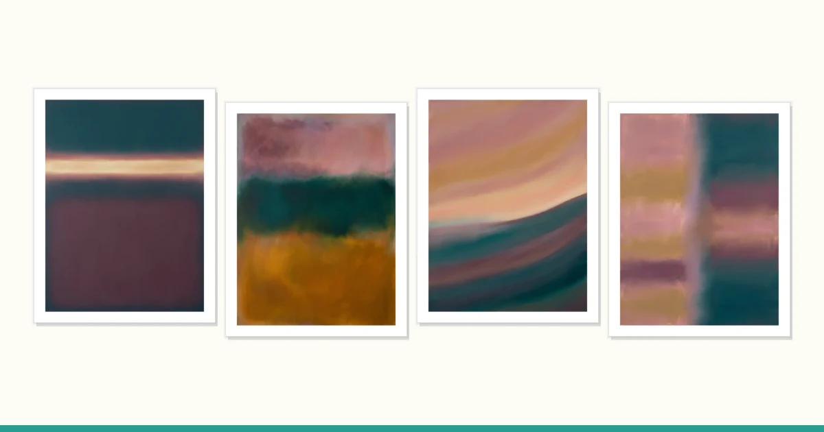 Four framed abstract paintings with soft, blurred color blocks and horizontal or curved lines.