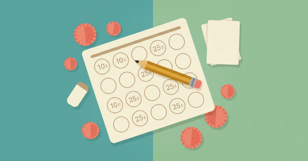 Counting coins worksheet with coin values, pencil, eraser, and scattered paper coins on a coloured desk.