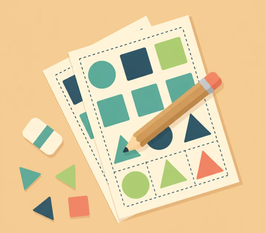 Six pages of cut and paste shape matching worksheets for kids, showing outlines and cut-out shapes.