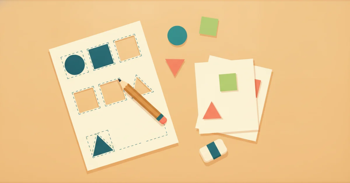 Four worksheets titled 'Match the Shapes' with dotted outlines of various shapes to cut and paste.