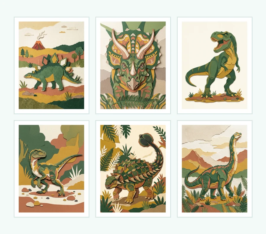 Six paper cutouts of dinosaurs in natural settings, arranged in two rows of three.