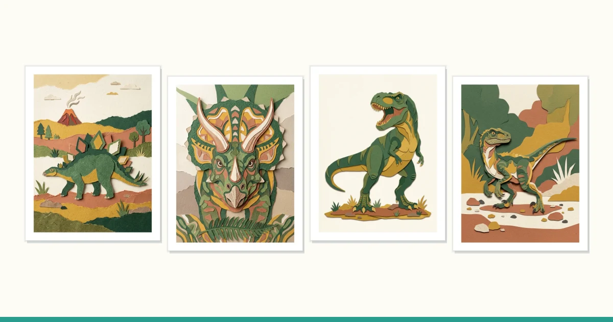 Four framed papercraft art pieces featuring different dinosaurs and prehistoric landscapes.