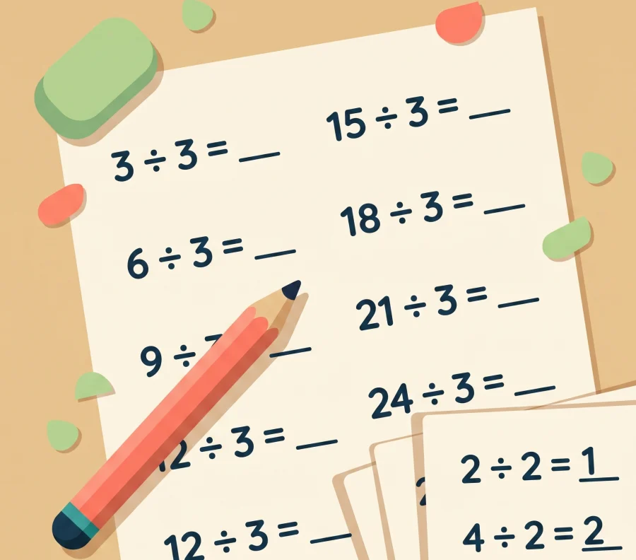 A red pencil rests on a worksheet with division problems and an eraser is at the top.