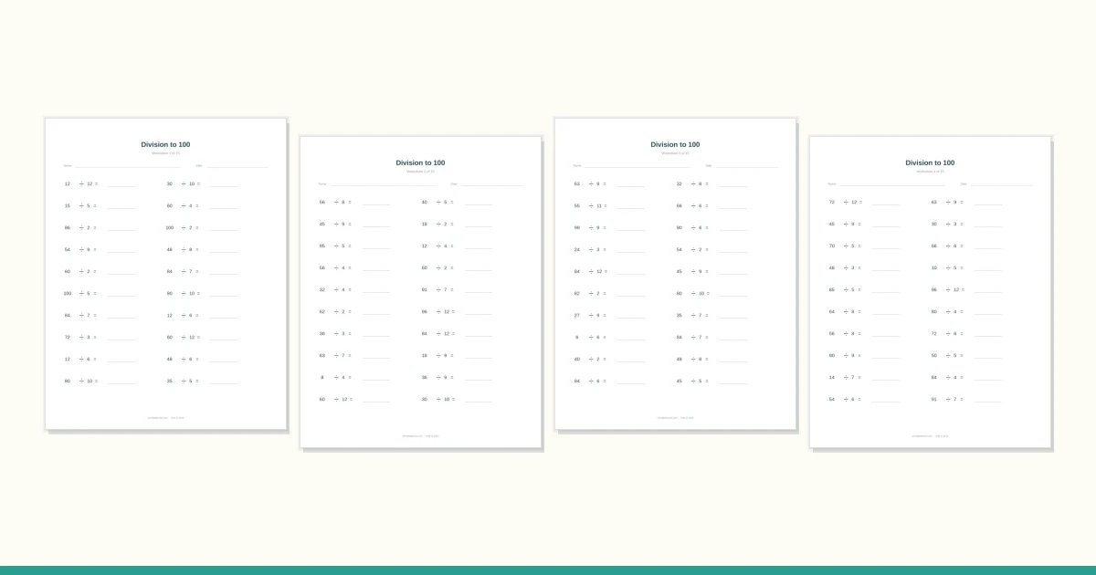 A division worksheet with counters arranged into four equal groups