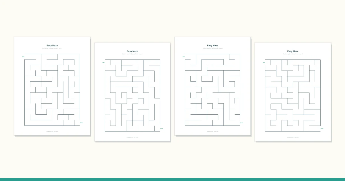 A printable maze with a green start dot, a coral finish dot and a traced path