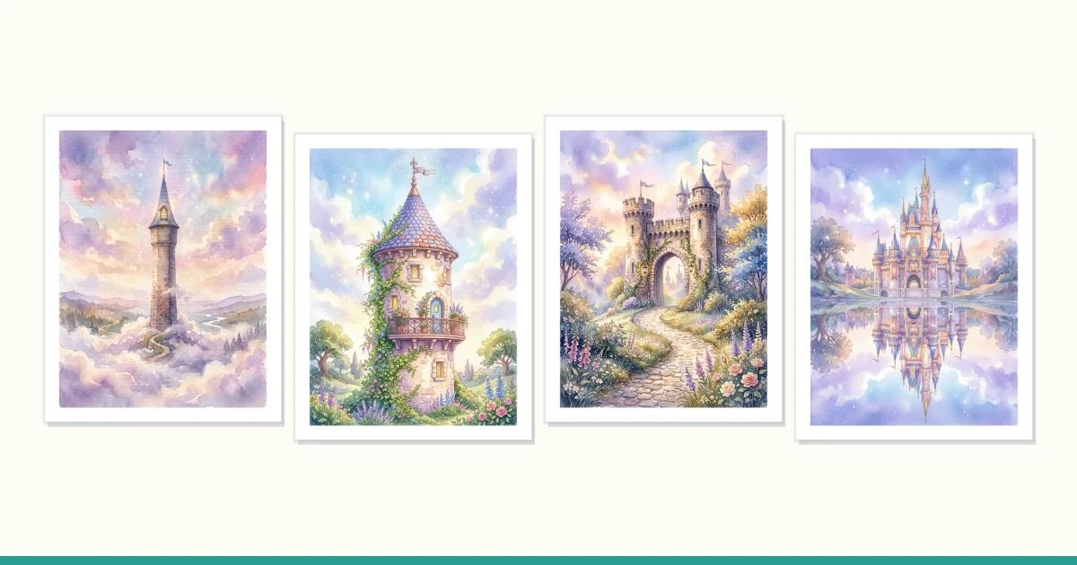 Four framed watercolor paintings of fairy tale castles and towers under pastel skies.