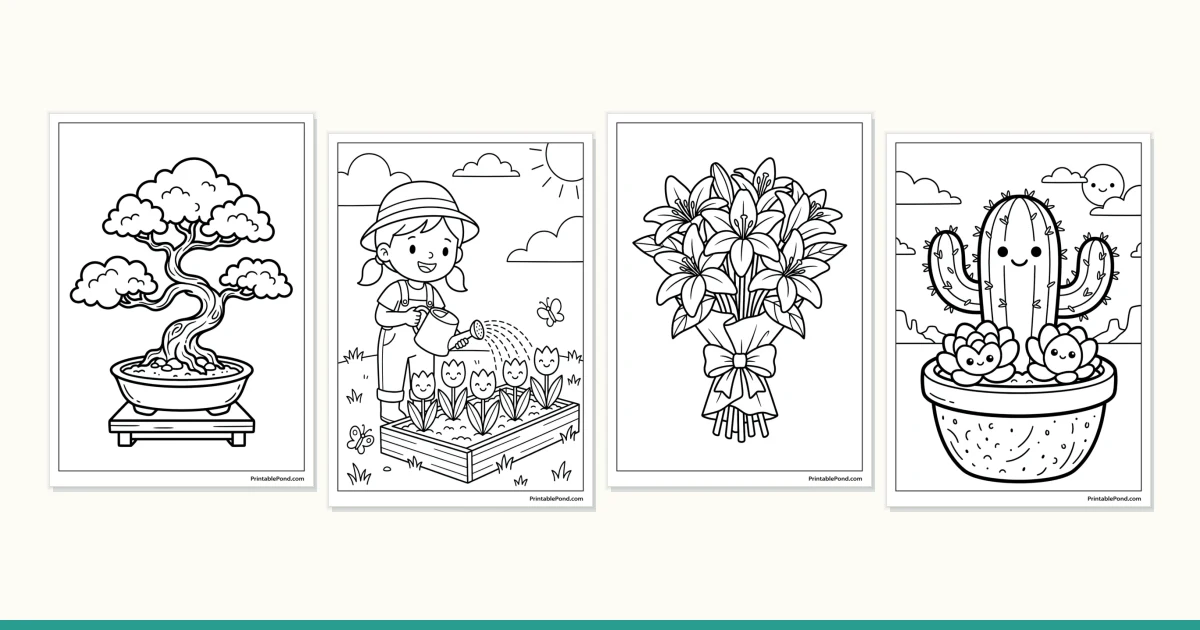 Four coloring pages featuring a bonsai tree, a child watering tulips, a bouquet of lilies, and a cute cactus.