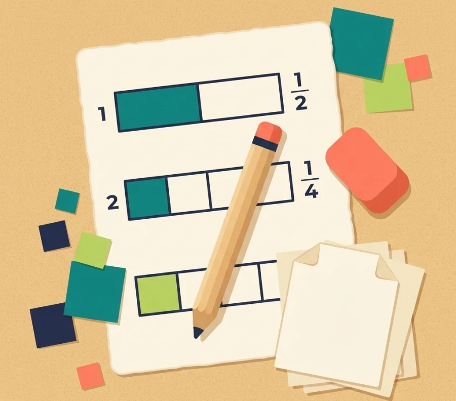 Printed fraction worksheet with rectangles divided into halves and quarters, pencil, eraser, and paper squares on coloured background.