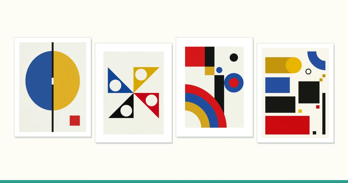 Four framed abstract geometric art prints with primary colors and bold lines.
