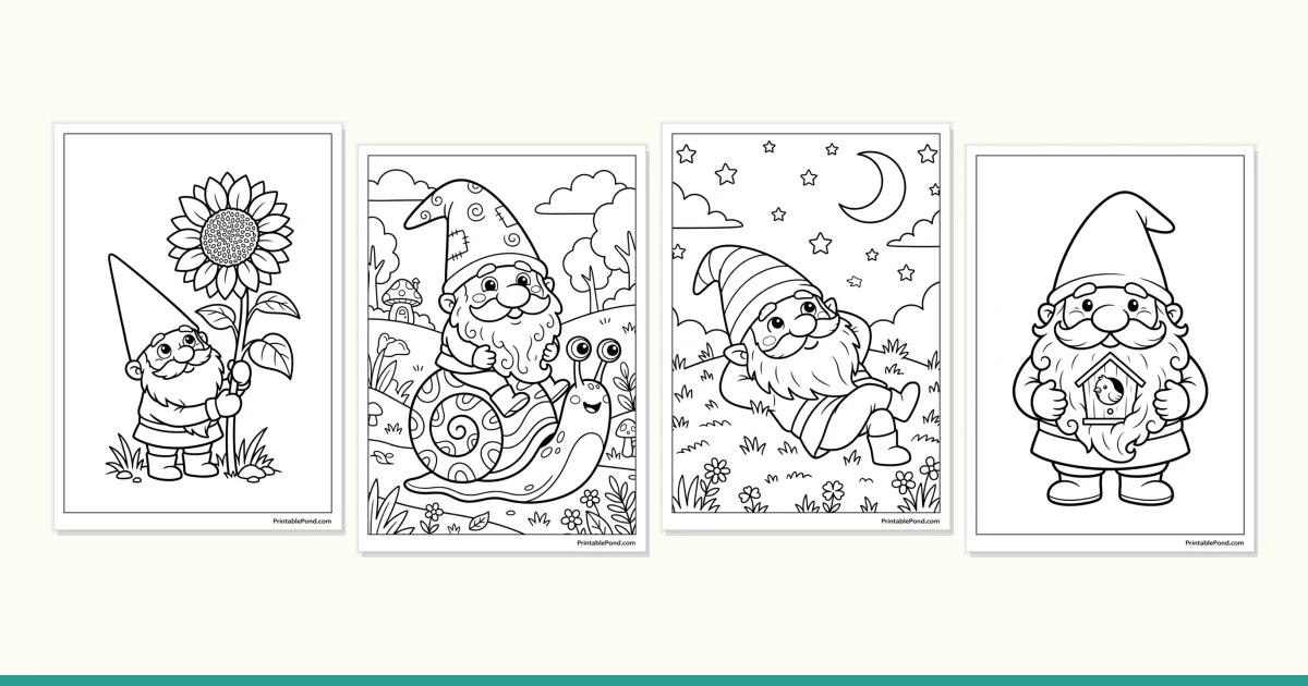 Four gnome coloring pages, including a gnome with a sunflower and one riding a snail.