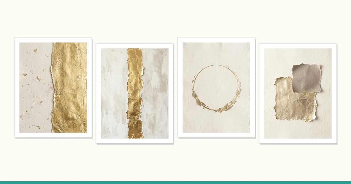 Four framed abstract art pieces with gold leaf textures and torn paper elements.