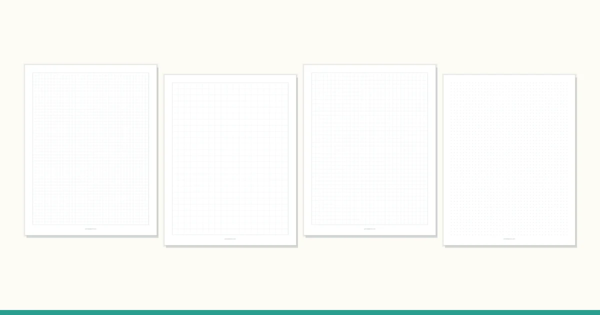 A fan of blank graph, dot grid, ruled and Cornell notes papers with a pencil and ruler