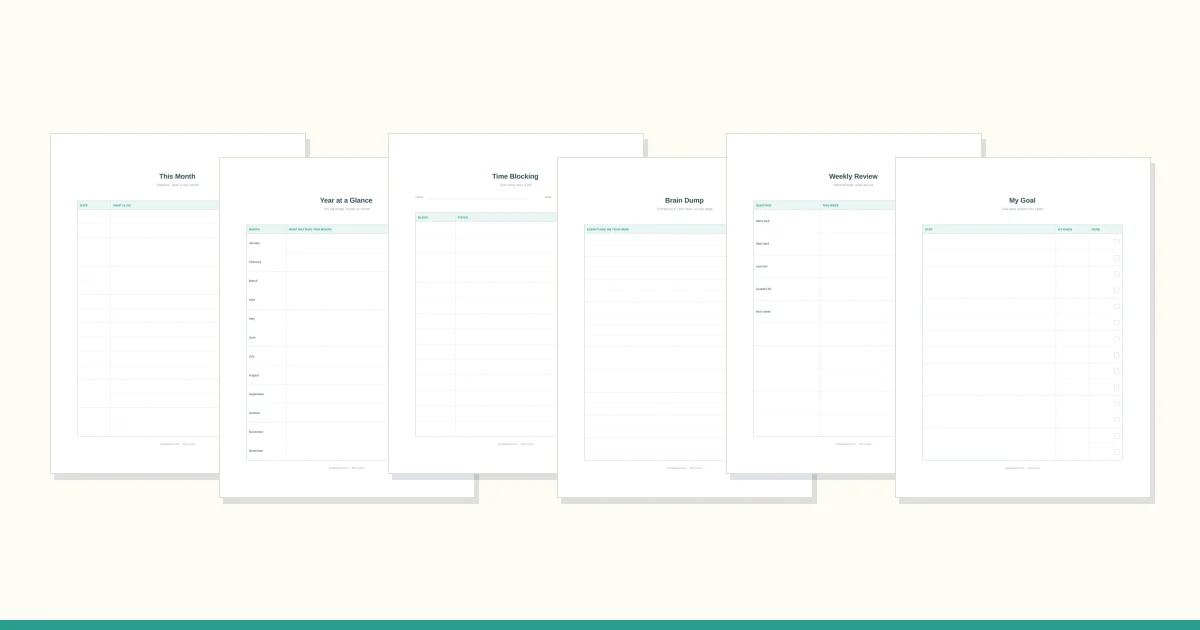 Five overlapping printed home planning sheets with a pen and a sprig of greenery