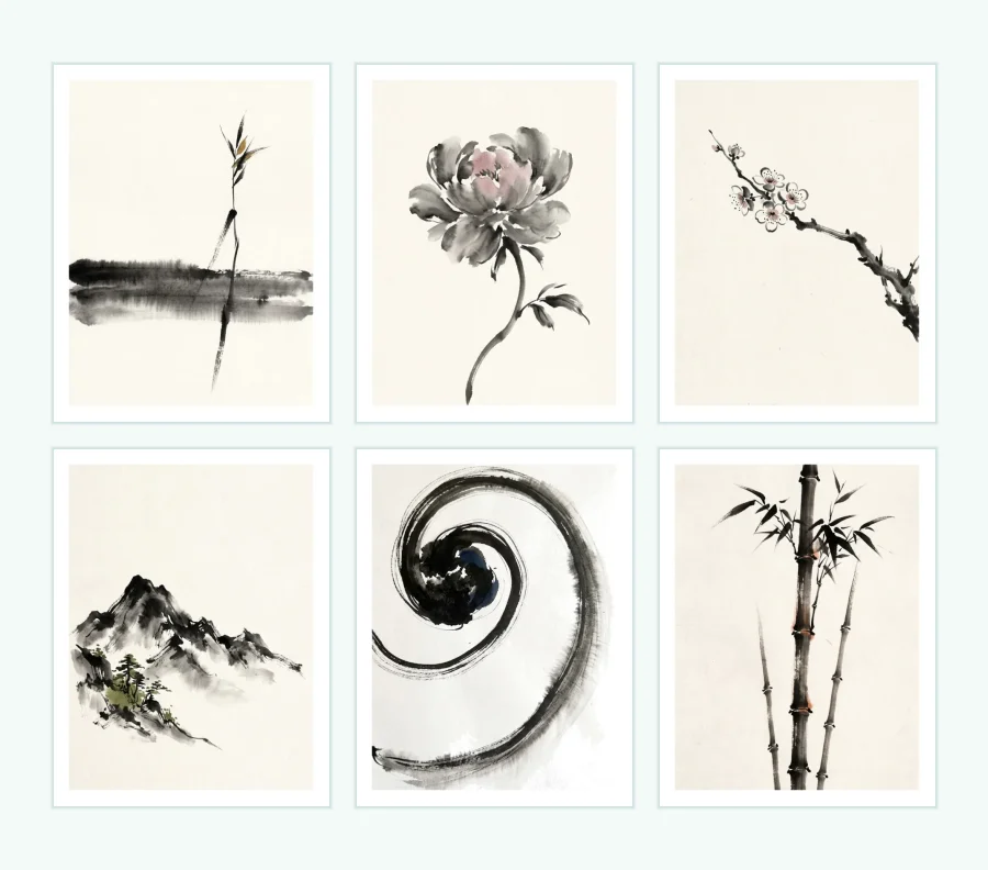 Six ink wash paintings in a grid: a single reed, a peony, a cherry blossom branch, mountains, a swirl, and bamboo.