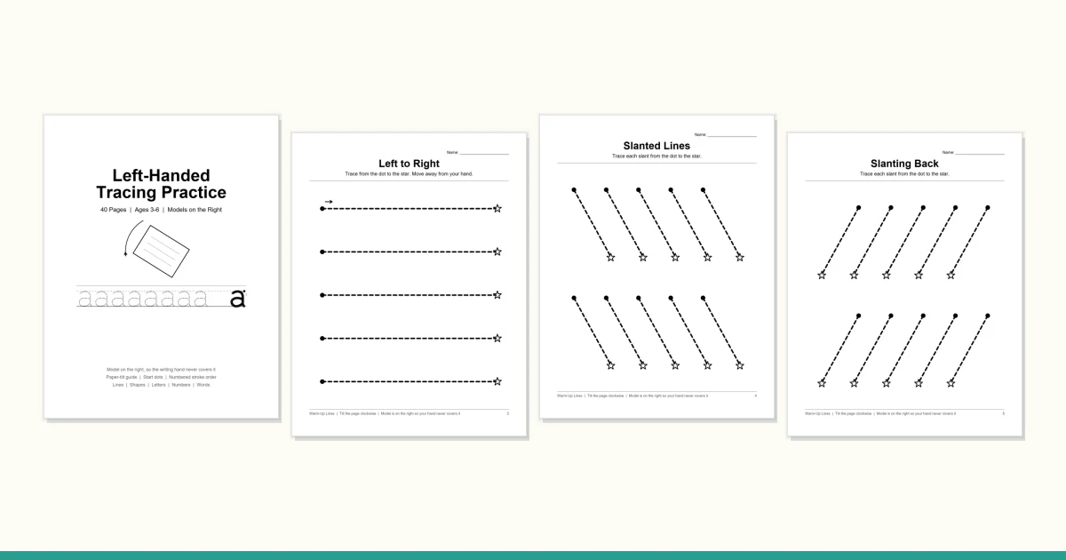 Cover page and three worksheets for left-handed tracing practice with lines and slanted lines.