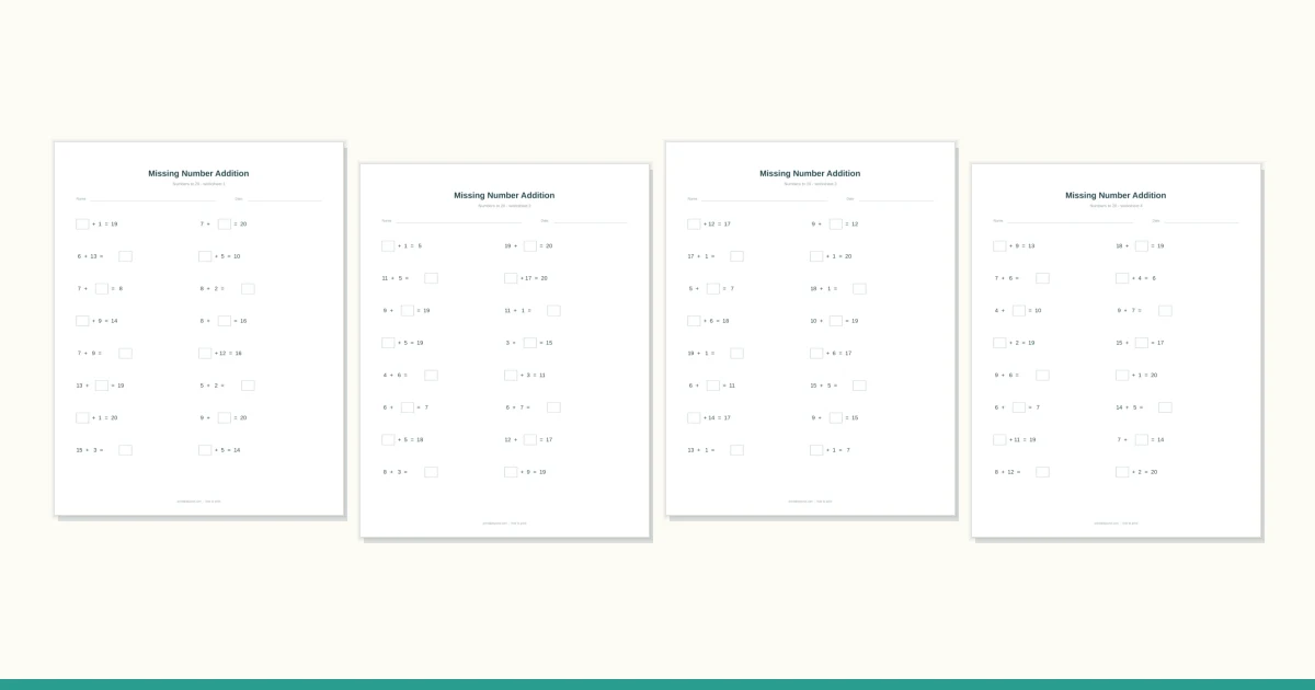 An addition worksheet where one number in each sum is an empty box to fill in