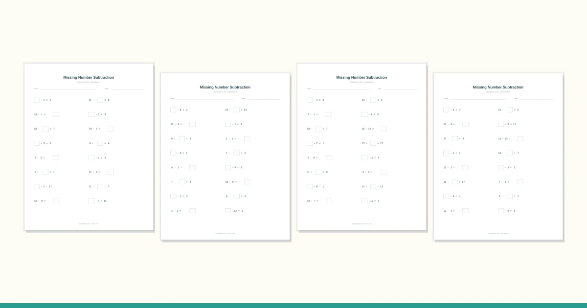 A subtraction worksheet with an empty box in place of one number in each sum