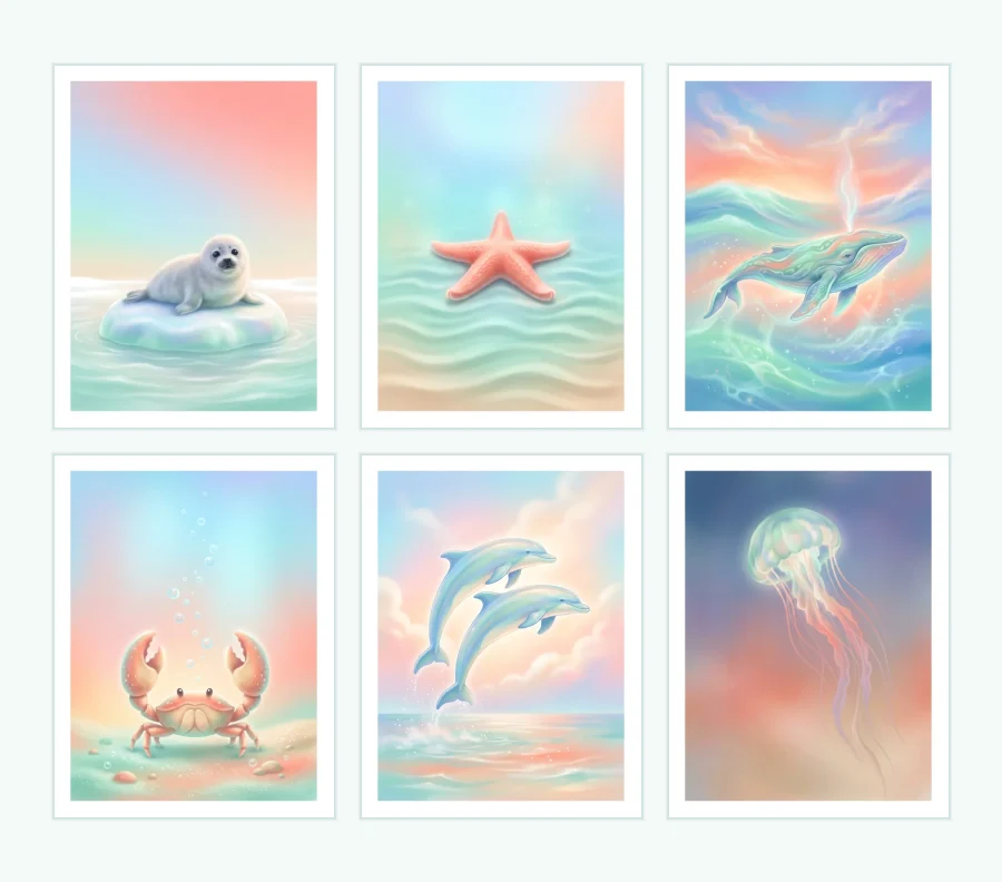 Six framed watercolor-style art prints featuring ocean animals, including a seal, starfish, whale, crab, dolphins, and jellyfish.