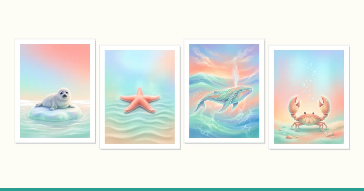 Four framed prints of ocean animals: a seal on an ice floe, a starfish, a whale spouting water, and a crab.