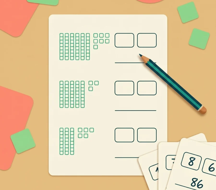 A printed worksheet showing green outlines of tens and ones blocks next to boxes for writing numbers.