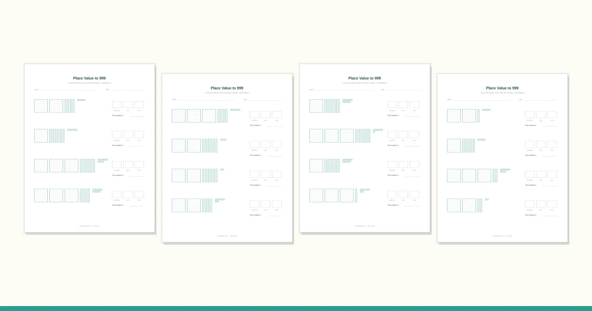 A place value worksheet with a hundred flat, ten rods and unit cubes