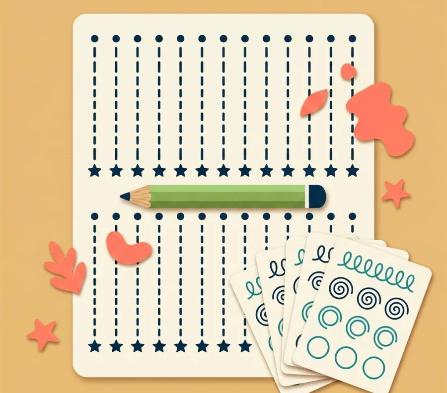 A worksheet with dotted lines for tracing and a green pencil, along with small cards with shapes.