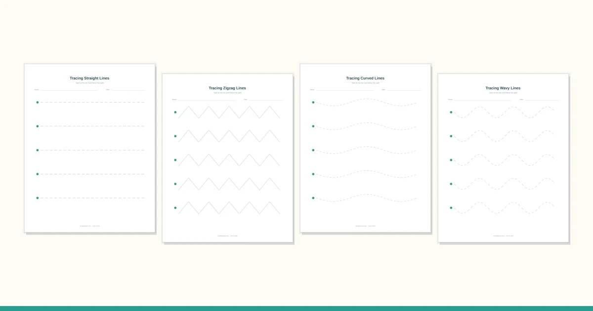 A pre-writing sheet with dotted straight, wavy and looping paths to trace