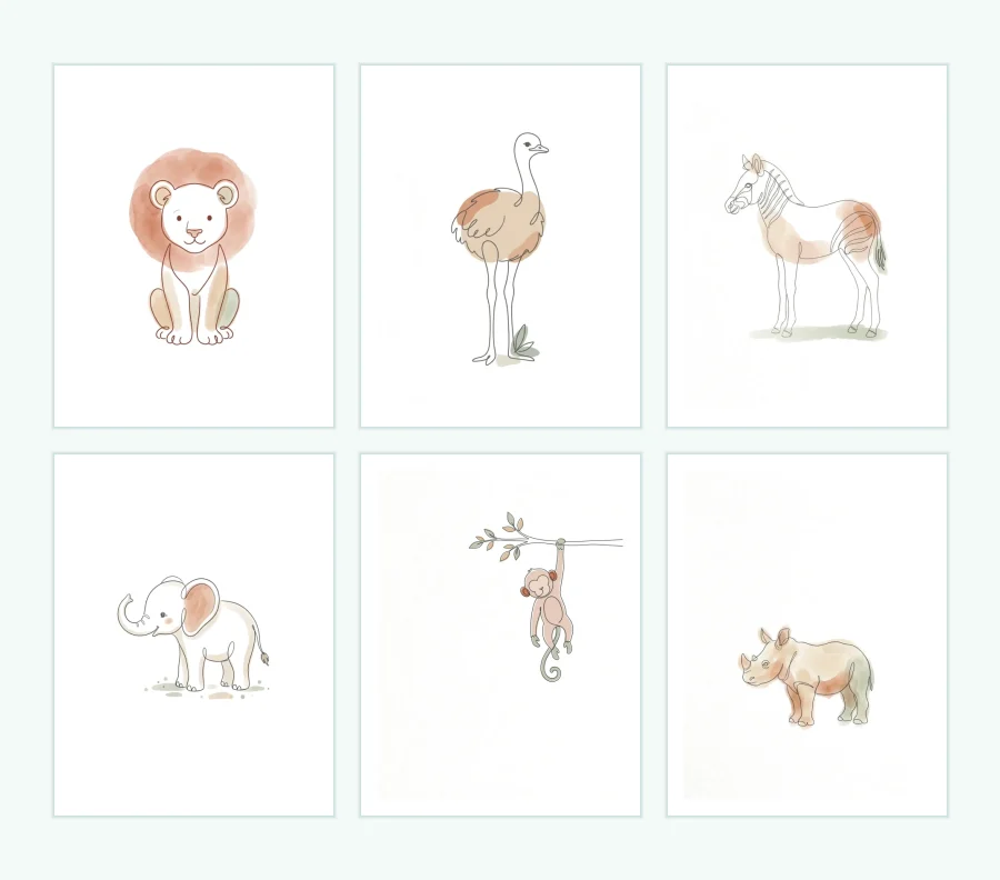 Six framed line art drawings of safari baby animals: lion, ostrich, zebra, elephant, monkey, and rhino.