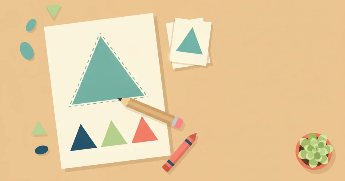 A printed worksheet showing a triangle tracing exercise with a pencil and scattered shape cutouts.