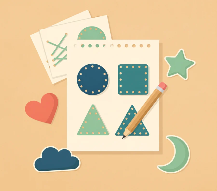 A stack of cream paper lacing cards featuring basic shapes, with a pencil and scattered paper shapes on a coloured background.
