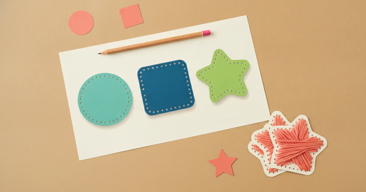 Shapes lacing cards worksheet with circle, square, and star designs on a desk with a pencil and other sheets.