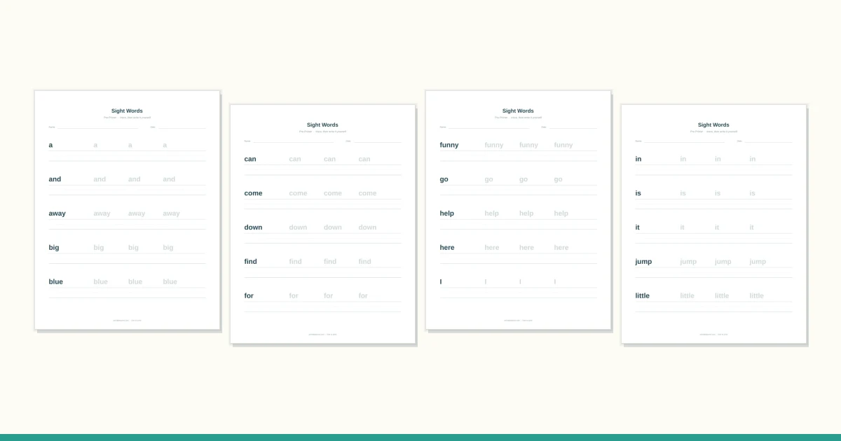 A sight word practice sheet with tracing rows and a stack of flash cards