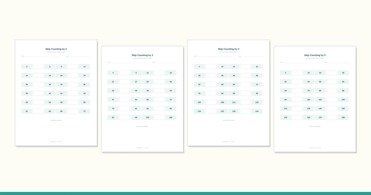 A skip counting worksheet with a row of boxes and hop arcs between them