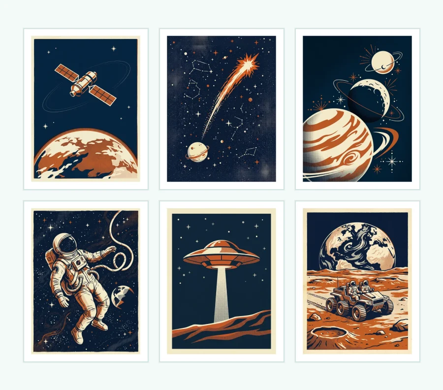 Six framed prints of space scenes with planets, a satellite, a comet, an astronaut, and a UFO.