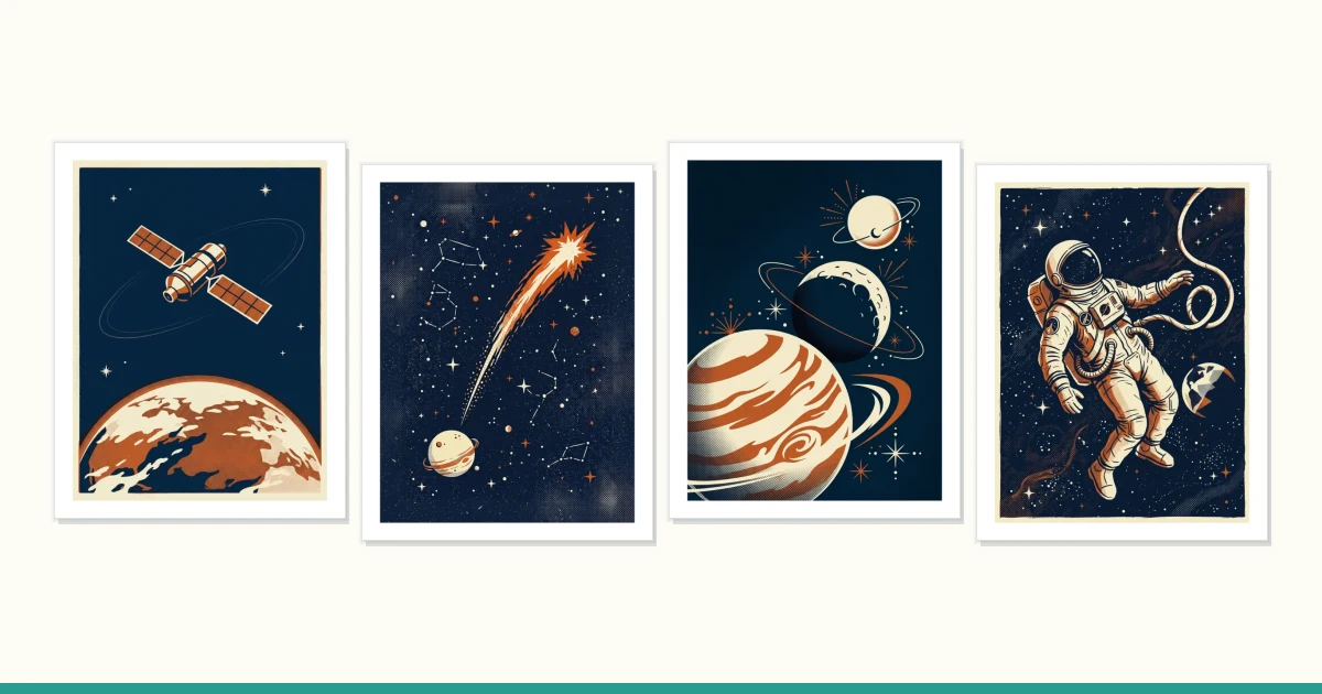 Four framed prints of space art, including a satellite, a comet, planets, and an astronaut.