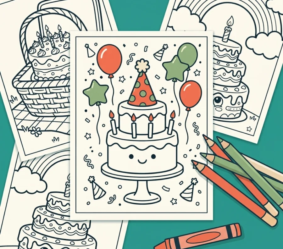Six cartoon birthday cakes and cupcakes with faces and candles, presented as coloring pages.