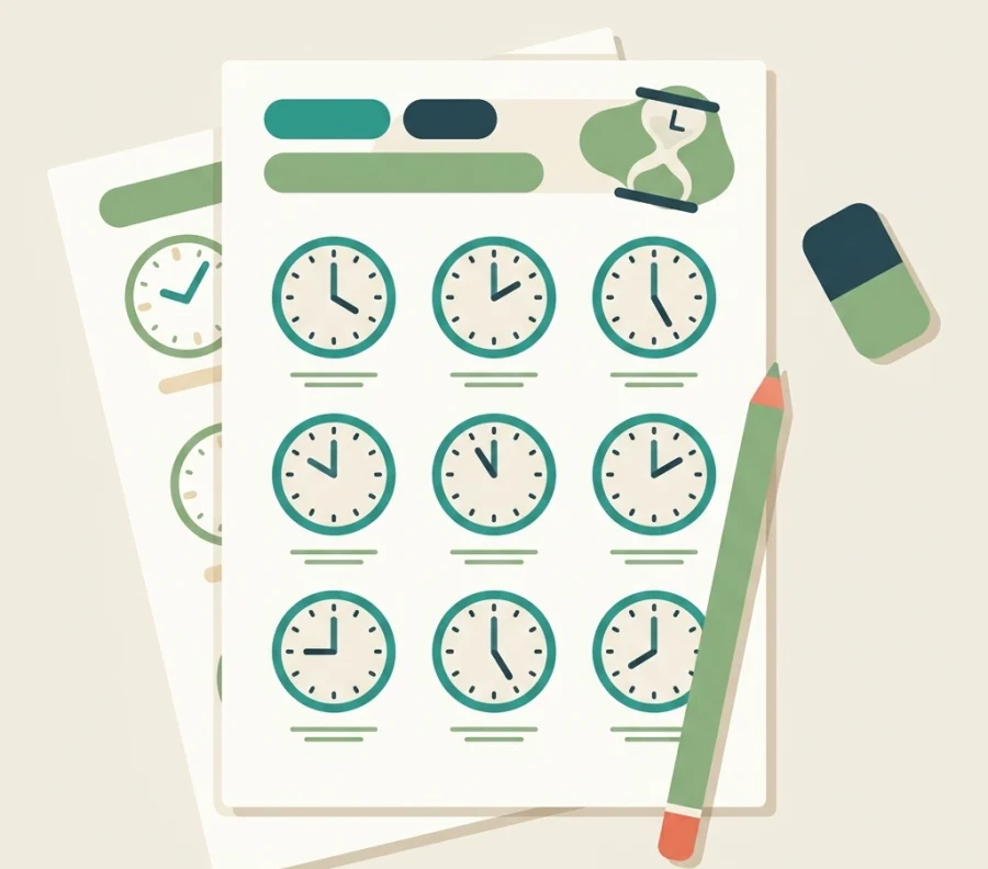 Six worksheets for telling time, showing analog clocks with hands pointing to different hours and half hours.