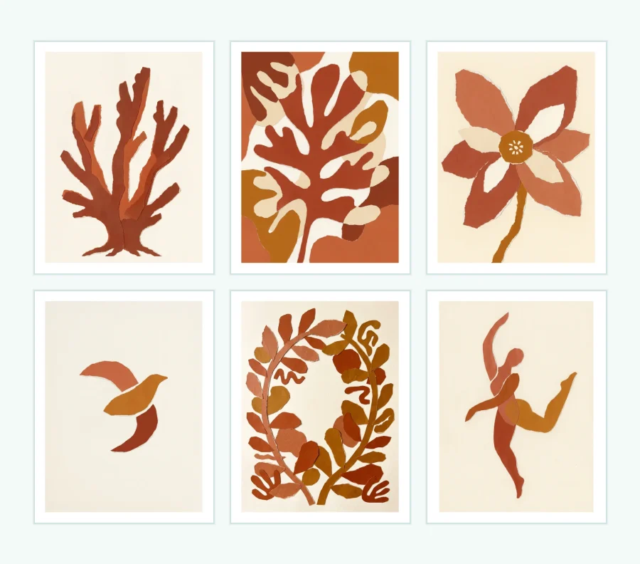Six abstract art prints with terracotta shapes including a coral, a plant, a flower, a bird, a wreath, and a dancer.