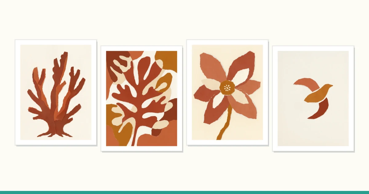 Four framed abstract art prints featuring terracotta colored coral, leaf shapes, a flower, and a bird.