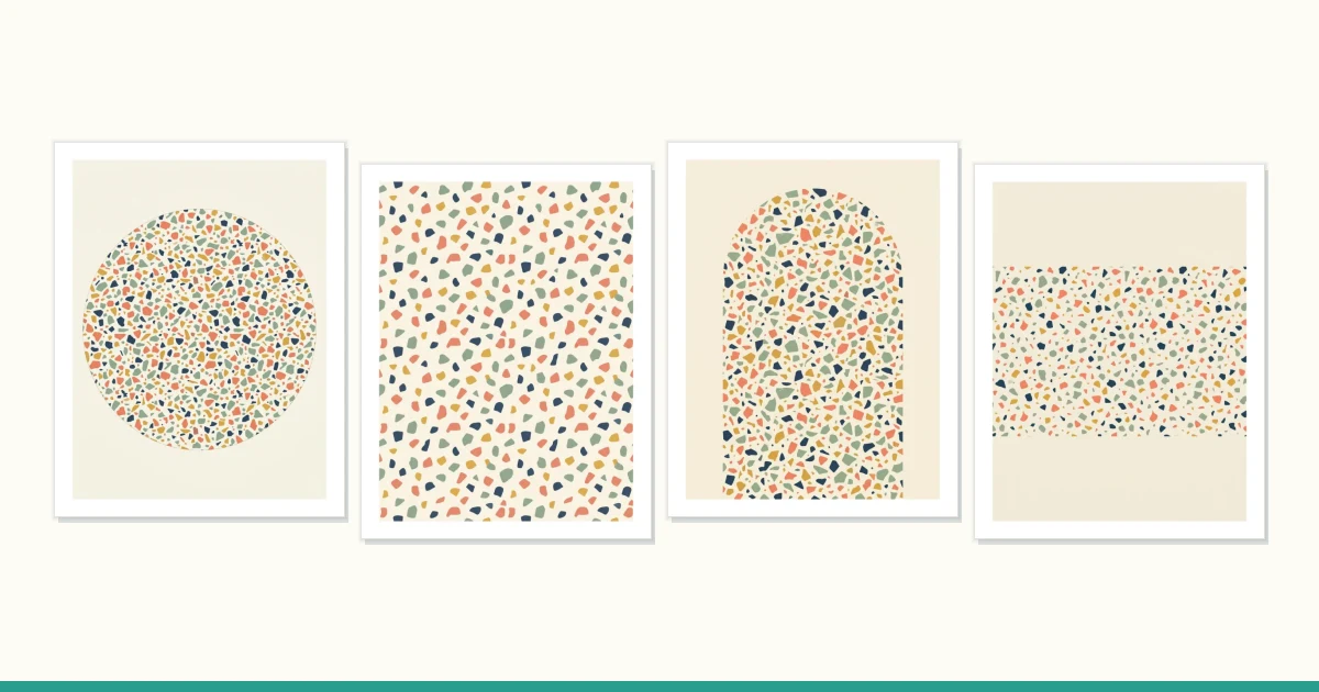 Four framed abstract art prints with a neutral background and a colorful speckled pattern.